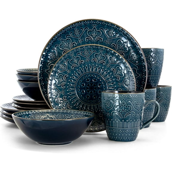Deepsea Mozaic 16 Piece Round Stoneware Dinnerware Set in Sea Blue