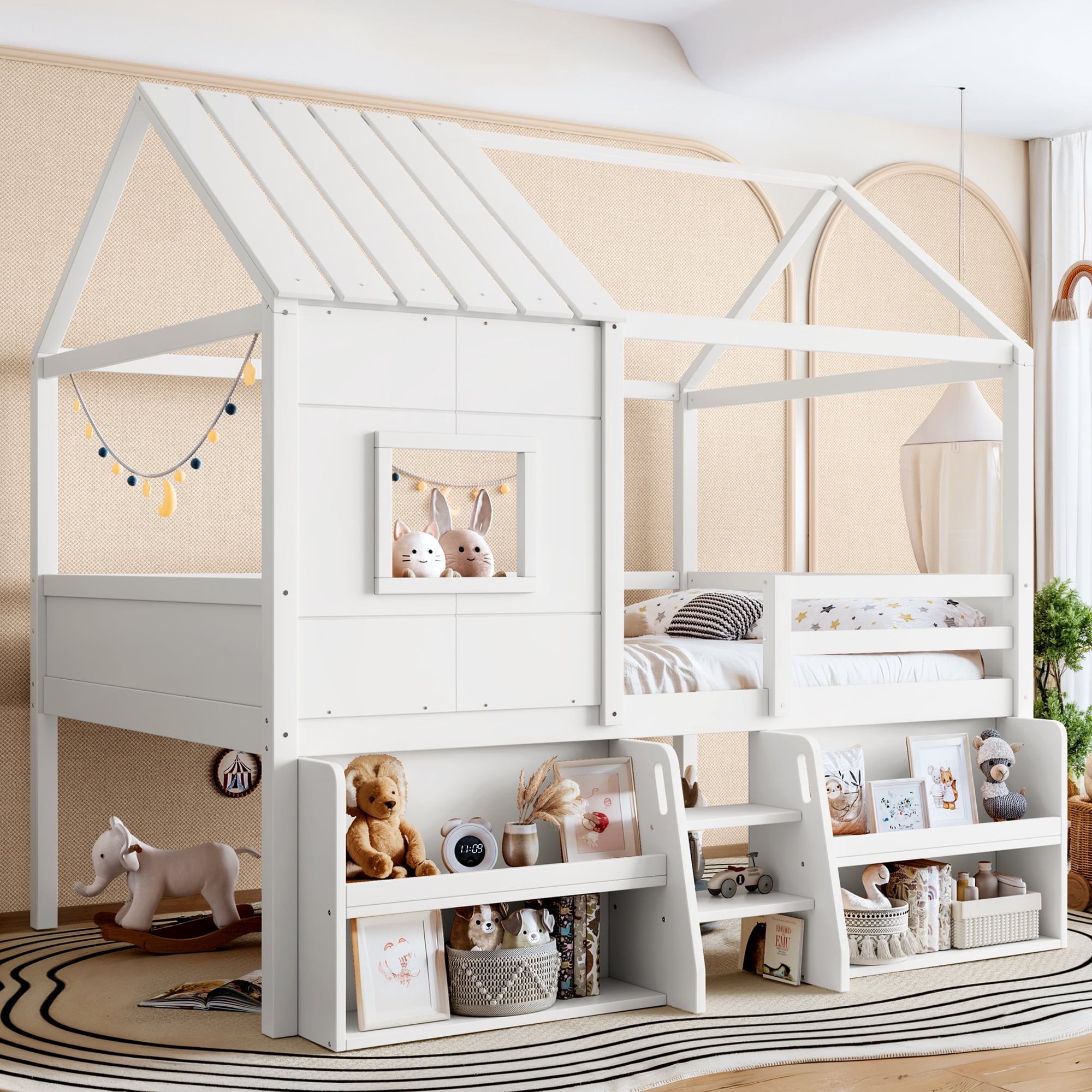Leumius Full Size Loft Bed with Storage Shelves and Stairs, House Loft Bed with Playhouse Shape Roof and Window, Childlike and No Box Spring Needed Design, White