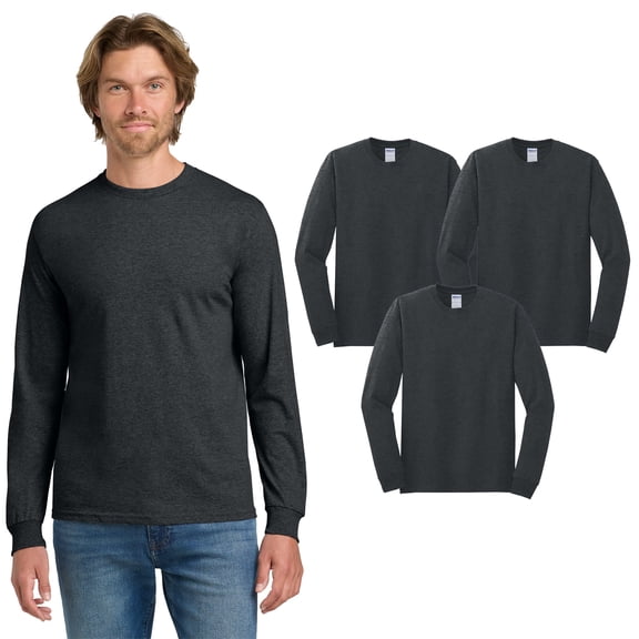 Gildan Heavy Cotton Long Sleeve Shirt, Casual Shirt, Crewneck Tee, Dark Heather, 6 Pack, S