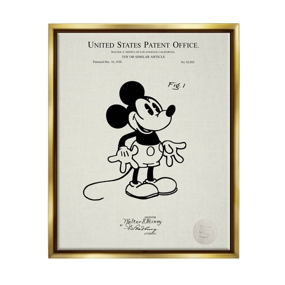 Stupell Industries Vintage Cartoon Character Patent Graphic Art Metallic Gold Floating Framed Canvas Print Wall Art, Design by Karl Hronek