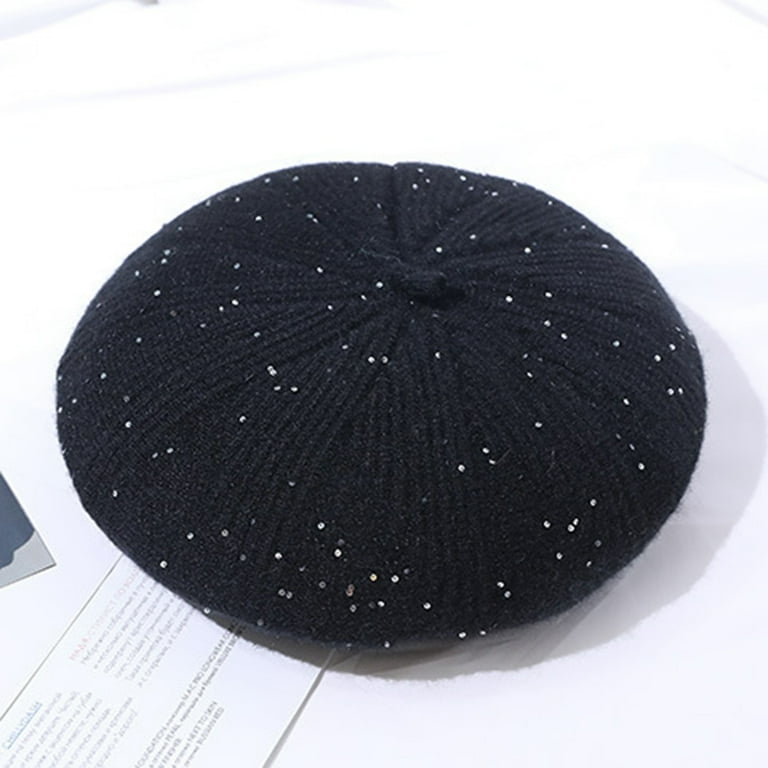 Happy Date Women Beret Sequins Knitted French Style Barret Artist Hat Solid  Color Classic Wool Warm Hat Winter Beanie Cap