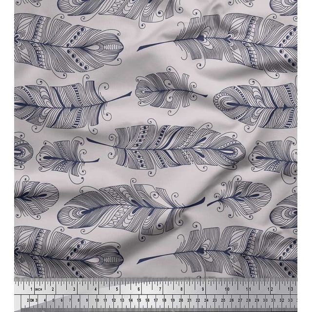 Soimoi Gray Poly Georgette Fabric Tribal Feather Decor Fabric Printed Yard 42 Inch Wide