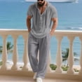thumbnail image 6 of FRSASU Men's 2 Piece Linen Outfits Short Sleeve Henley Hooded Shirt and Beach Pants Set Casual Summer Matching Set Gray, 6 of 9