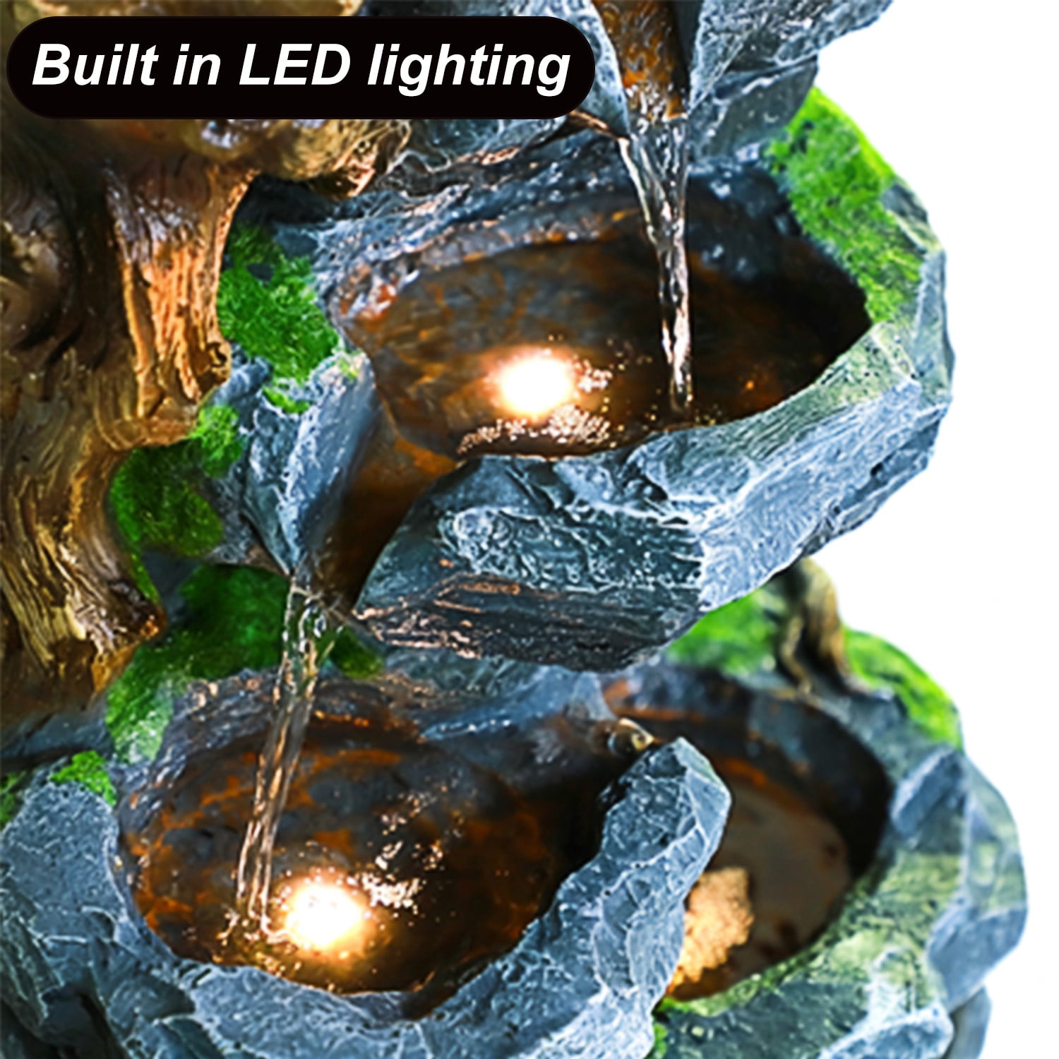 Outdoor Water Fountain with LED Lights,Resin Cascading Waterfall Feature,22.8Inch Garden Patio Decor for Outdoor/Indoor Use