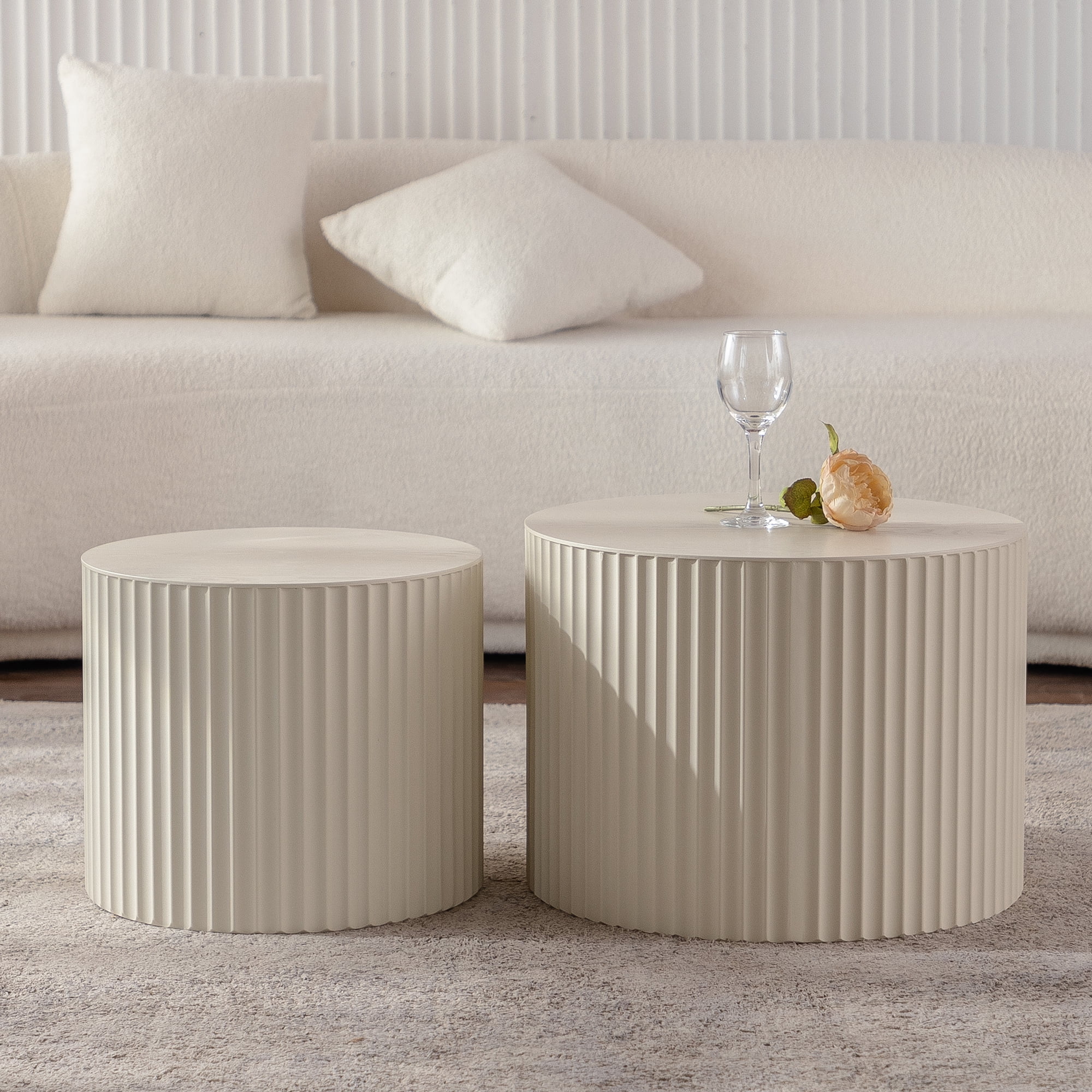 Leumius 33.86" Nesting Coffee Table Set of 2 Modern Drum Side Table End Table Wave Stripe Round Coffee Table for Living Room Beige 2
