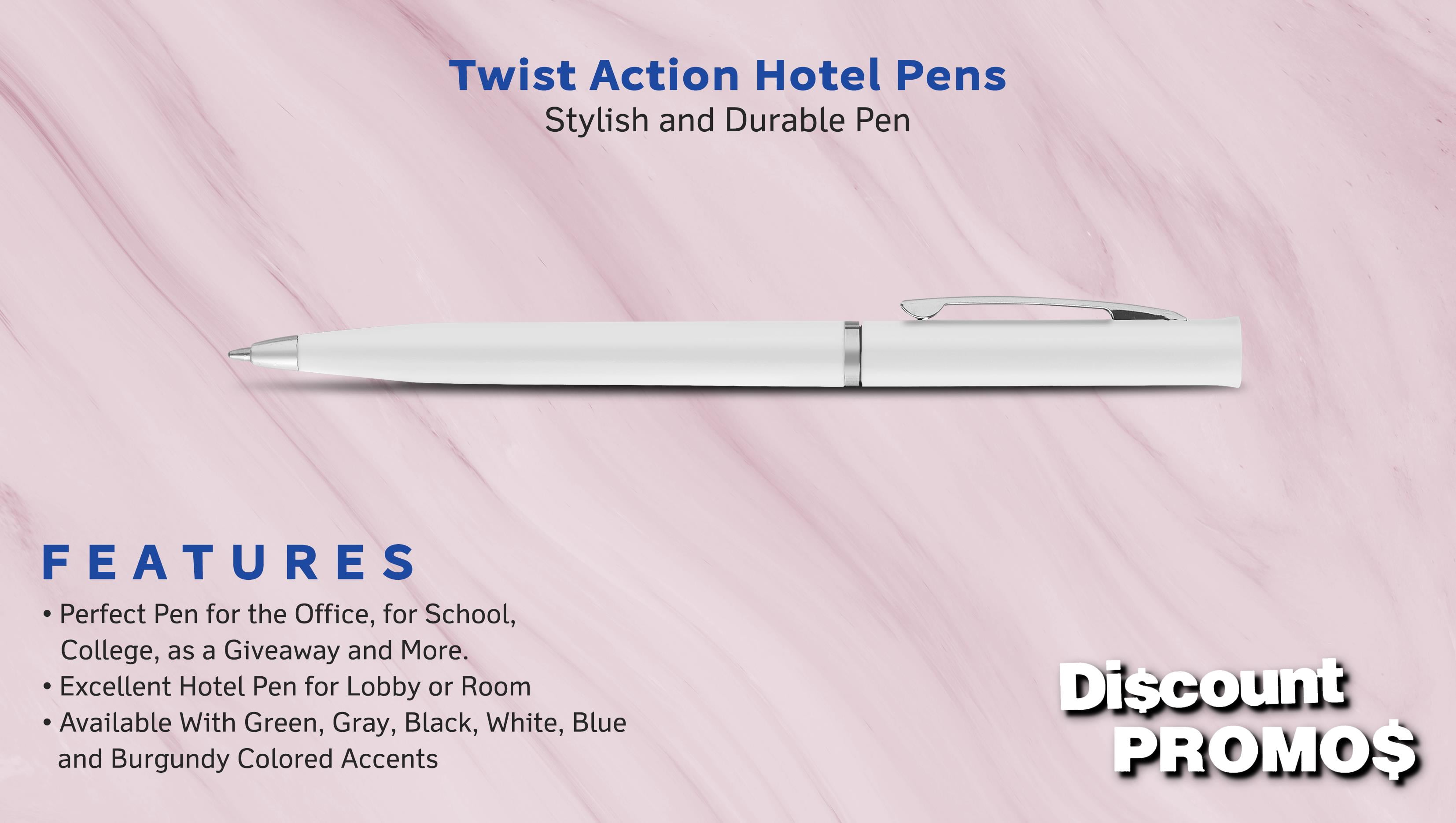 10 Twist Action Hotel Pens Pack - Plastic, Black Ink - White