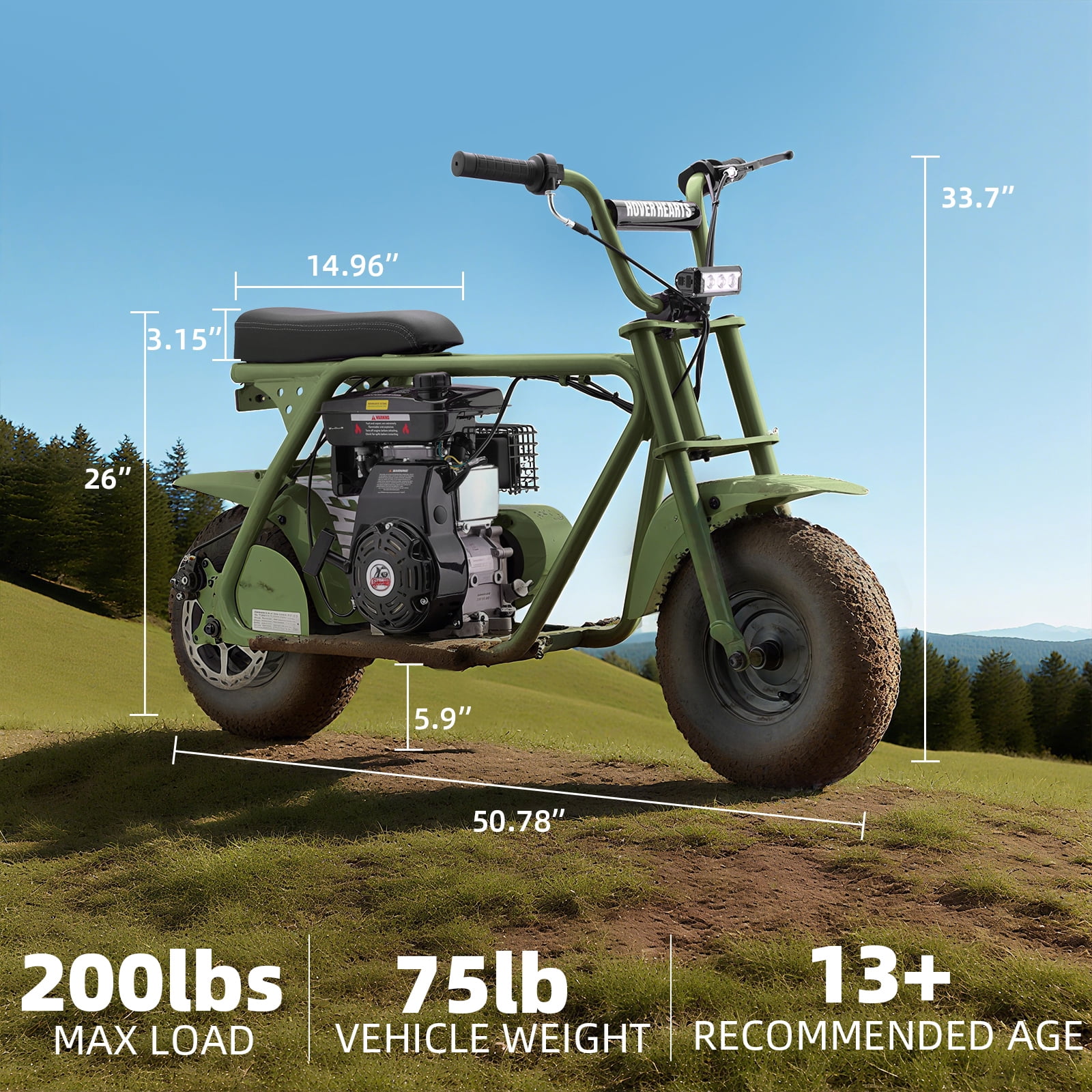 HOVERHEART Gas Mountain Bike, 105cc 4-Stroke Gas Powered Off Road Motorcycle (Model-MB001) with Led Lights, Disc Brake, Max Load 200Lbs, Up to 30Kph, NO OIL MIX REQUIRED