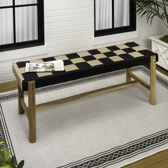 JONATHAN Y Denis 47" Acacia Wood and Woven Rope Bench, Bohemian Indoor/Outdoor Seating for Entryway or Patio, Black and Beige Checkerboard, 700 lbs Capacity BNH202A