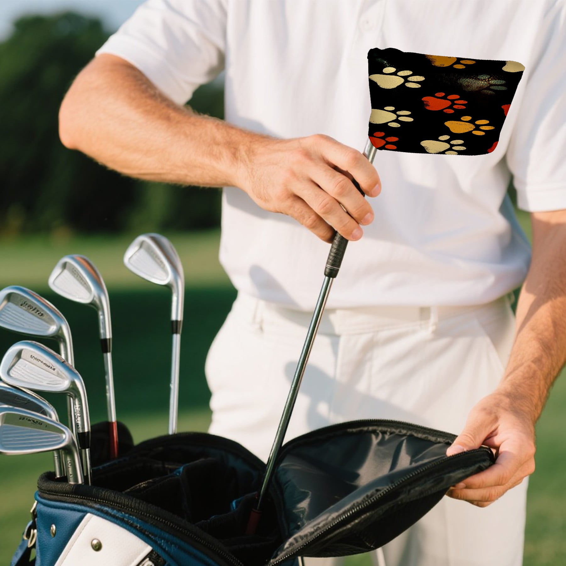 Golf Mallet Putter Cover Premium Leather Waterproof Golf Putter Head Cover with Magnetic Closure Colorful Dog Paw Prints