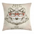 thumbnail image 1 of Keep Calm Throw Pillow Cushion Cover, Humorous Sketch of Wolf with Glasses and Be Smart Typography, Decorative Square Accent Pillow Case, 18" X 18", Pale Mustard Taupe Vermilion, by Ambesonne, 1 of 2