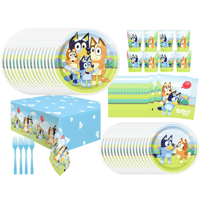 Bluey party supplies consists of paper plates, cups, serviettes