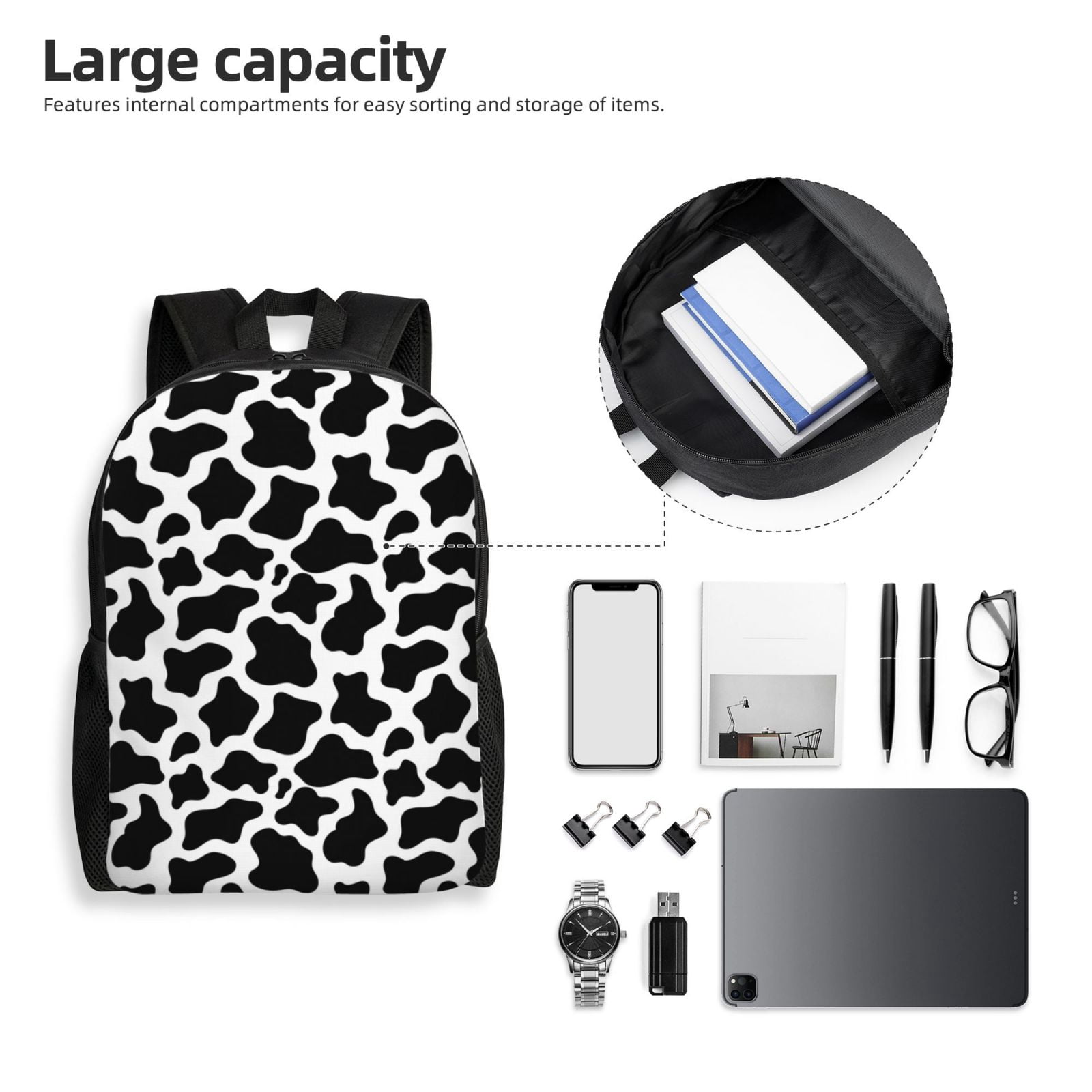 Ratiio Cow Print Black White Print Backpack with Padded 15-inch Laptop Sleeve- Spacious and Durable Daypack for Work and Travel