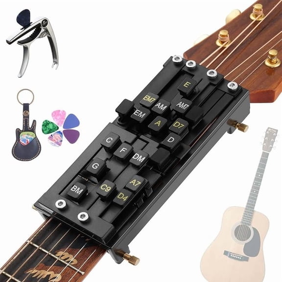 Guitar Chord Presser, Beginner Guitar Learning Tool with 15 Chords, Capo & Picks, Easy-to-Use Chord Helper, Portable Tool for Acoustic Guitar Practice