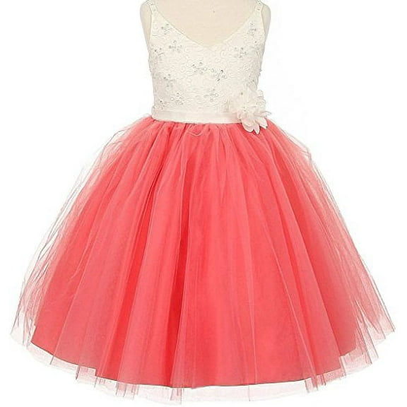 Big Girls' Two Tone V Neck Beaded Lace Top Flowers Girls Dresses Coral Size 8