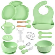 WANGQIANG Silicone Baby Feeding Set 15 Pcs,Baby Spoons Suction Bowl Divided Plate Bib Cup Finger Brush Teething Teether Training cups,Baby Led Weaning Supplies