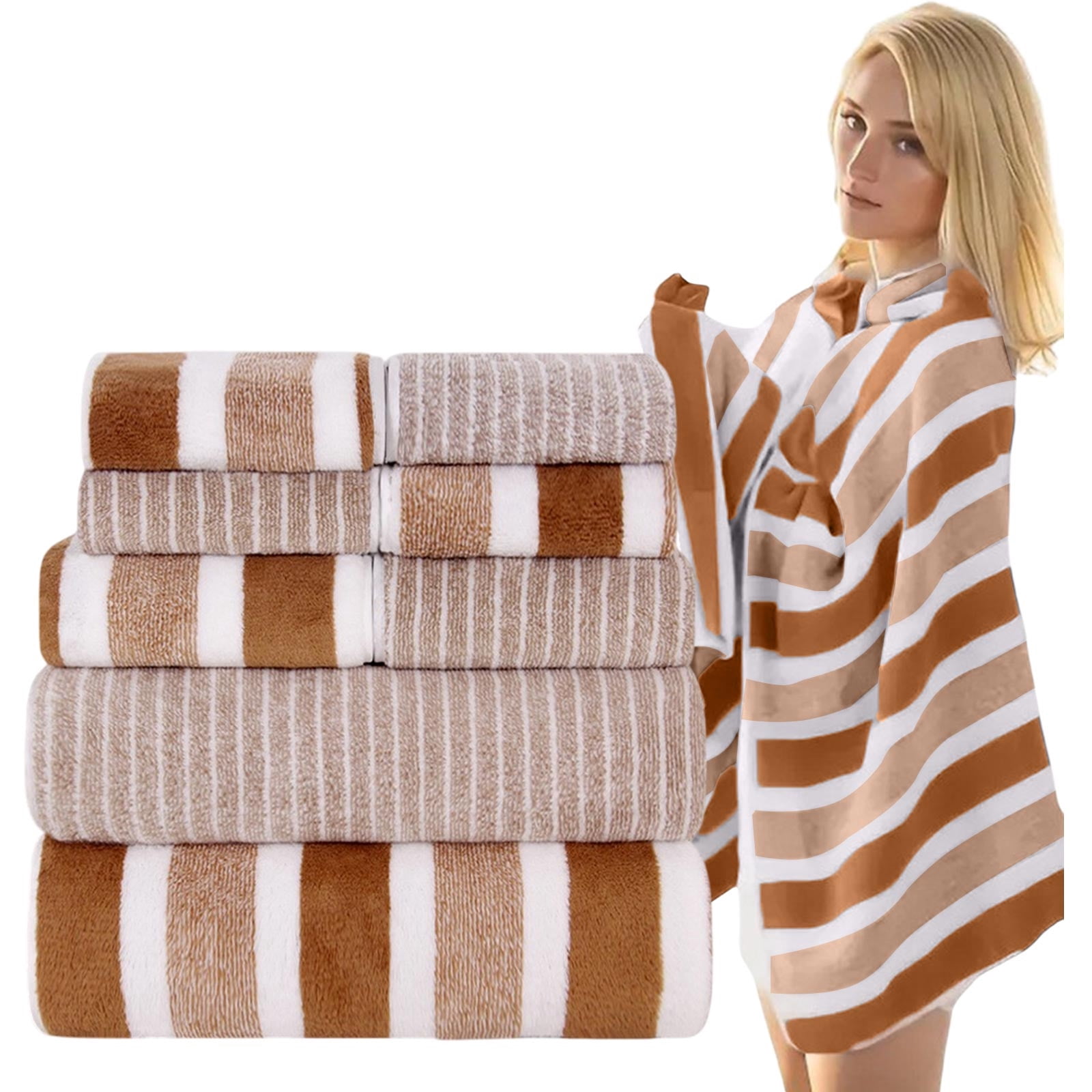 Ultra Soft Bath Towel Set 8-Piece, Velvet Wide Stripe Towel Washcloth Bath Towel, Microfiber Absorbent Quick Dry Towels for Bathroom, Spa, Gym, Pool Shower Beach (Brown)