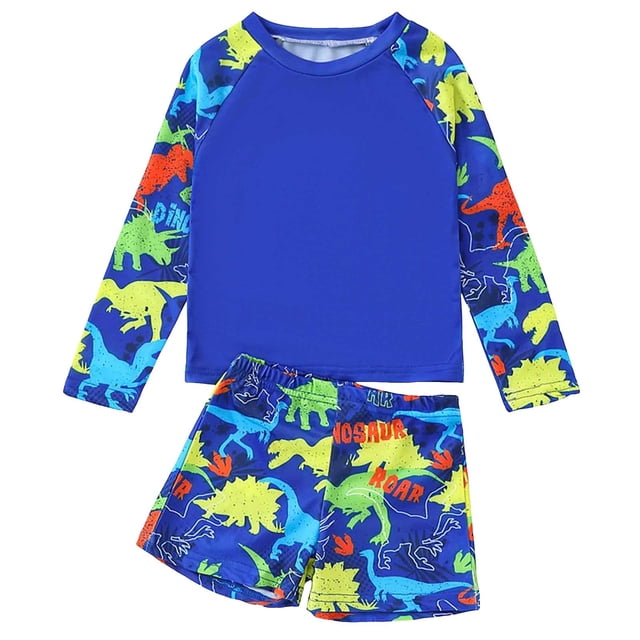 Kids' Long Sleeve Cartoon Sark Print Quck Dry 2 Piece Swimsuit Set With Swim Trunks