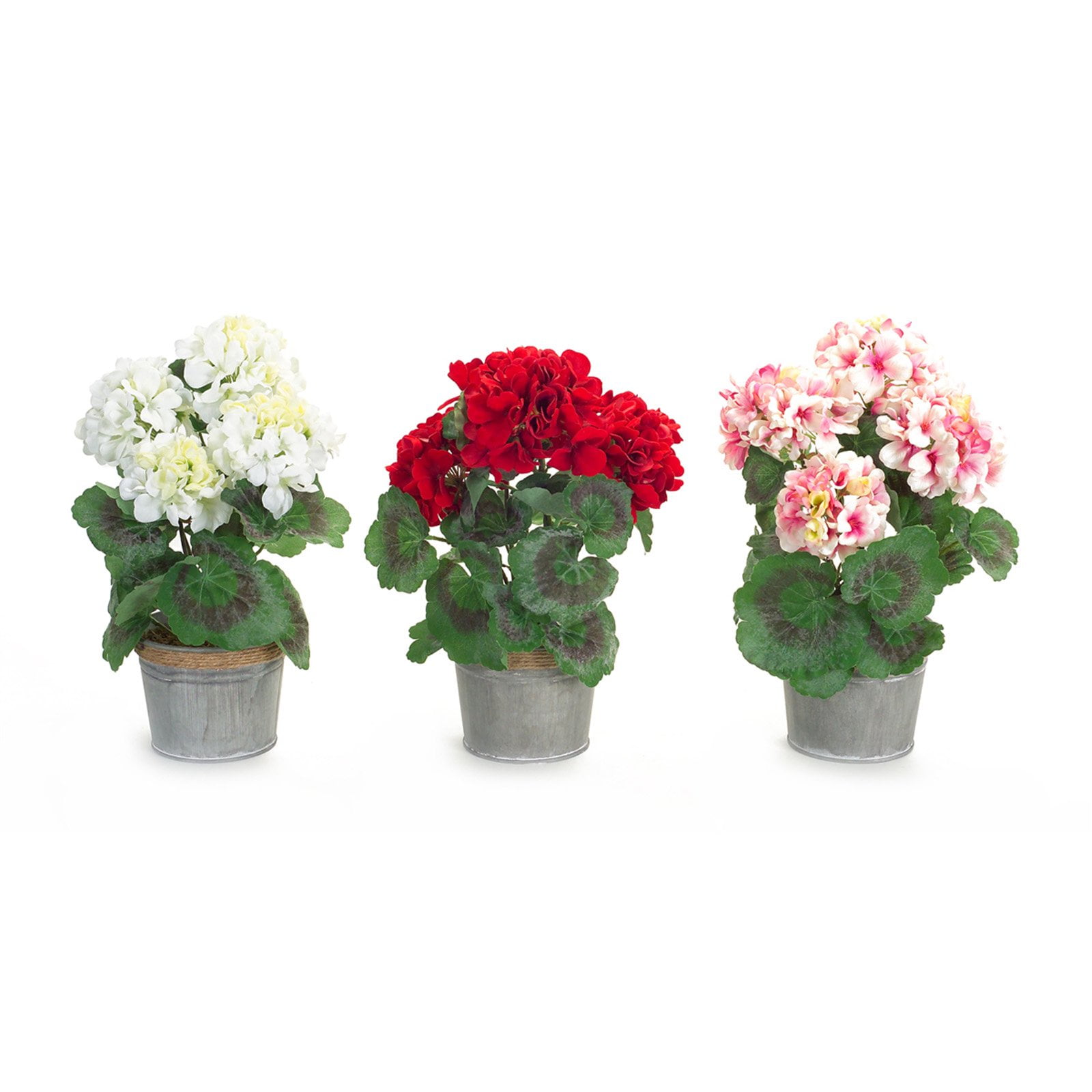 Melrose International Potted Silk Geraniums with Metal Planter Set of