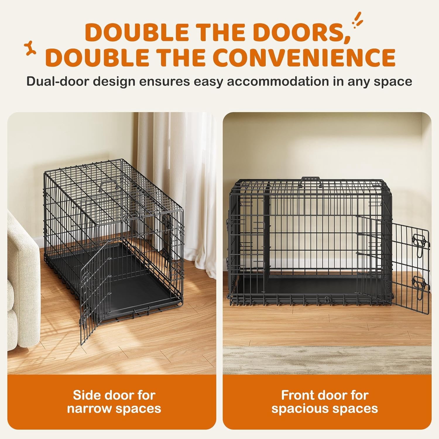 MorandiMal 36 inch Double Door Dog Crate w/Divider for Puppy, Collapsible Metal Dog Kennel with Removable Tray, Portable Travel Cage, Black
