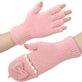 thumbnail image 3 of Convertible Fingerless Knit Winter Mittens with Flip Top & Bow Tie for Women (Pink One Size), 3 of 4