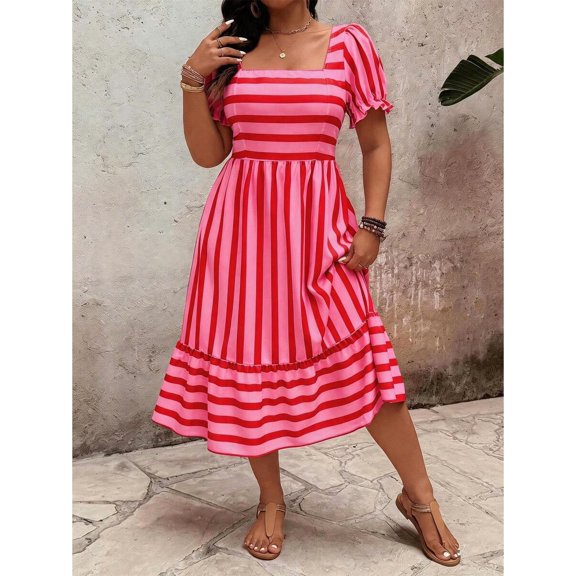 Womens Hot Pink And Red Striped Square Neck Midi Dress With Pockets