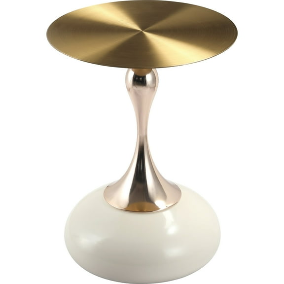 LeisureMod Wide Side Table with Gold Stainless Steel Top Round Accent Table and Pedestal Base Modern End Table for Home, Living Room Savoy Series in White