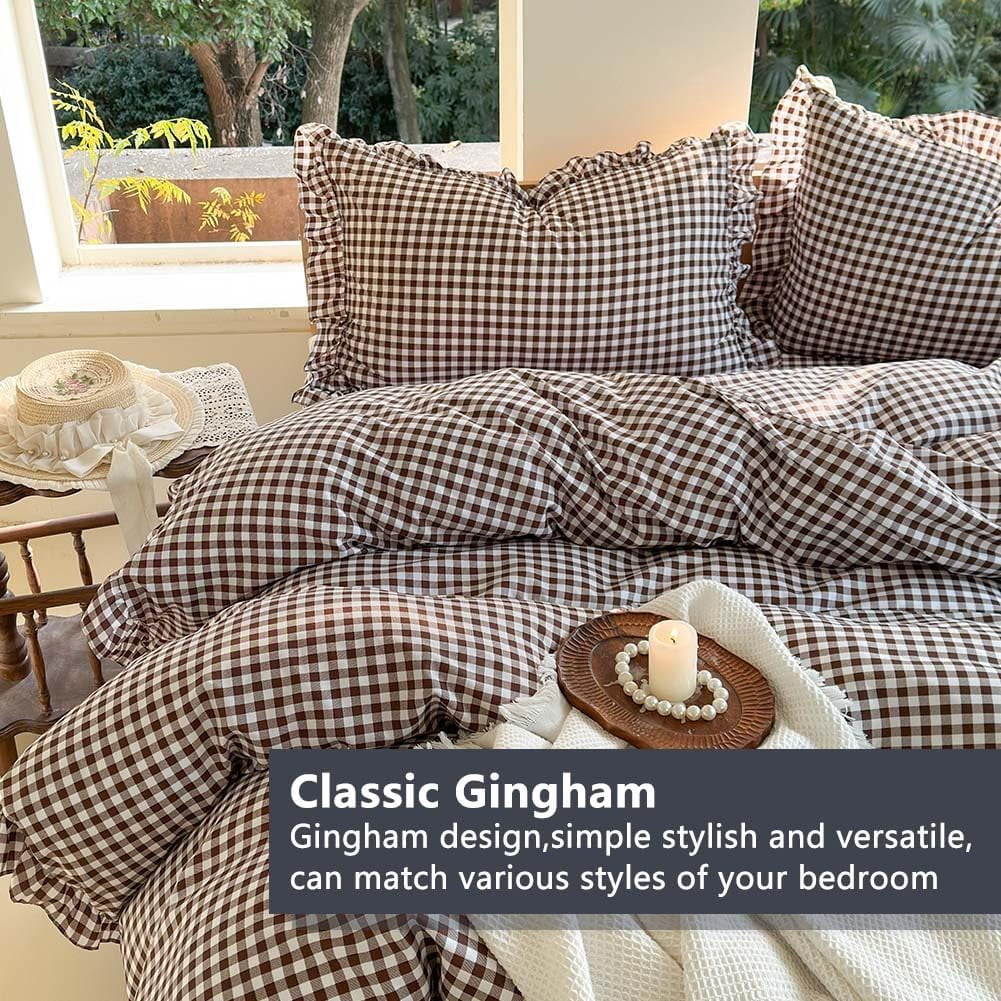Mocha Gingham Ruffle Duvet Cover King Size, 3 Pieces Soft Pre-Washed Microfiber Checked Plaid Comforter Cover Set, Vintage Farmhouse Bedding Set(Mocha Gingham, King 104"x90")