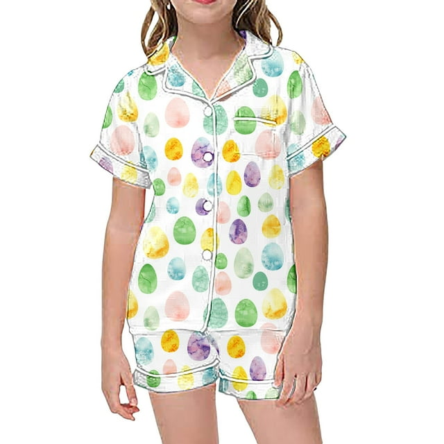 Ensemble de Pyjamas en Soie pour Garçons, Manches Courtes Imprimées, Pyjamas à Boutons pour Enfants, Tenues de Nuit, Pyjamas en Soie pour Filles, Garçons, Filles, Mode