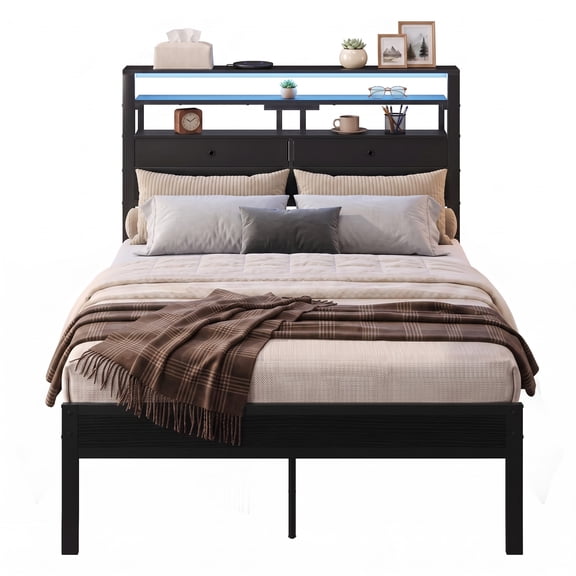 Gianna Full Bed Frame with 2 Storage Drawers, Headboard with Charging Station and LED Lights