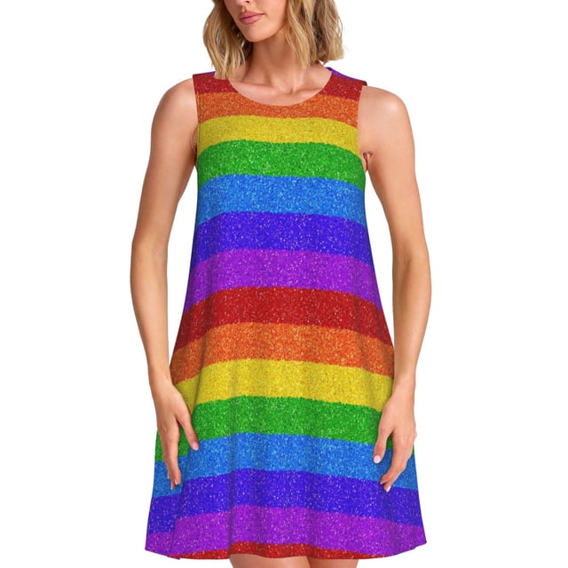Fotbe Colorful Glitter Rainbow Vestido de Verano sin Mangas para Mujer – Vestido Midi Línea A, Estilo Camiseta Floral, Vestido Playero Casual y Fluido