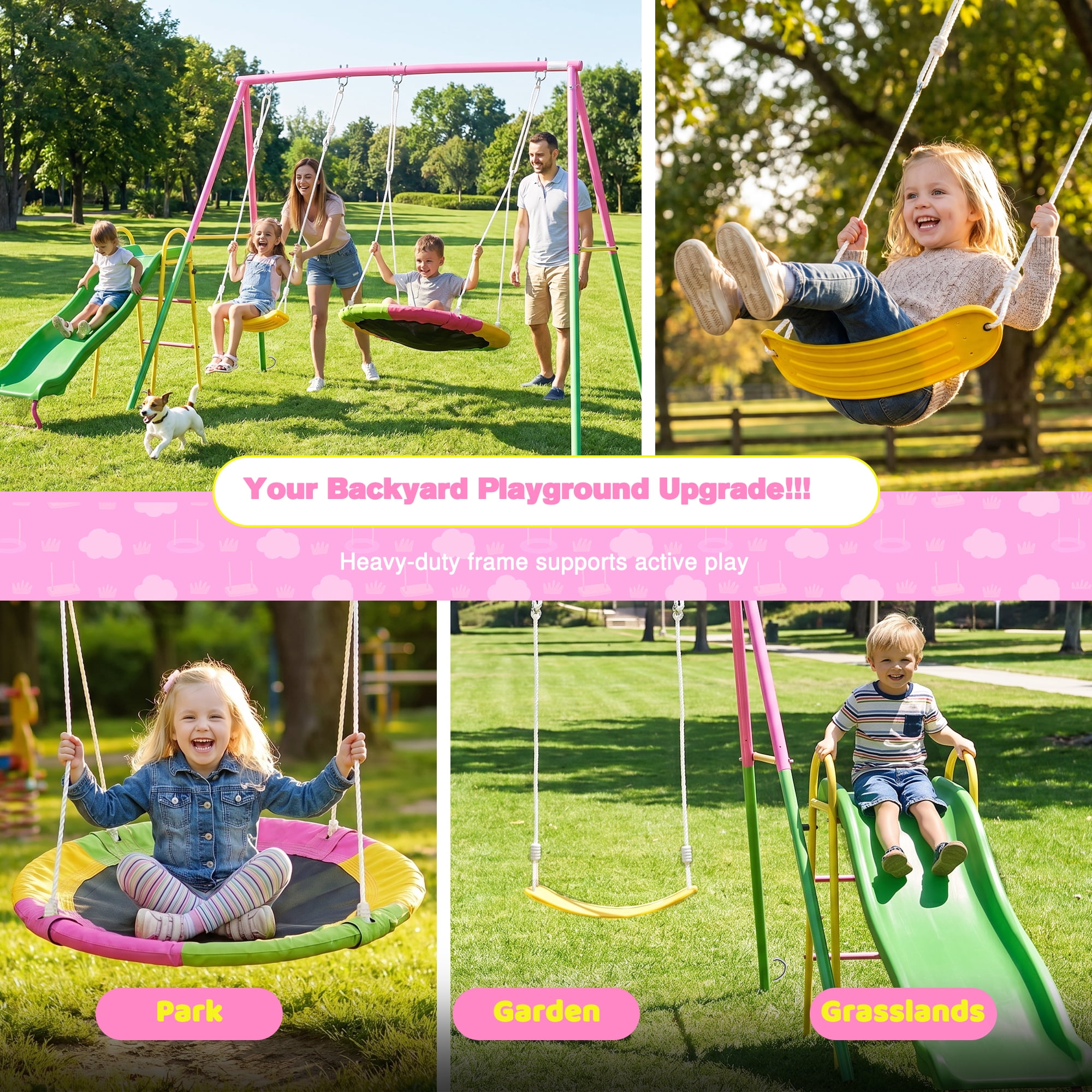 Swing Sets for Backyard with Kids Slide, Outdoor Heavy-Duty Metal Playset 3 in 1 Swing Set with Slide