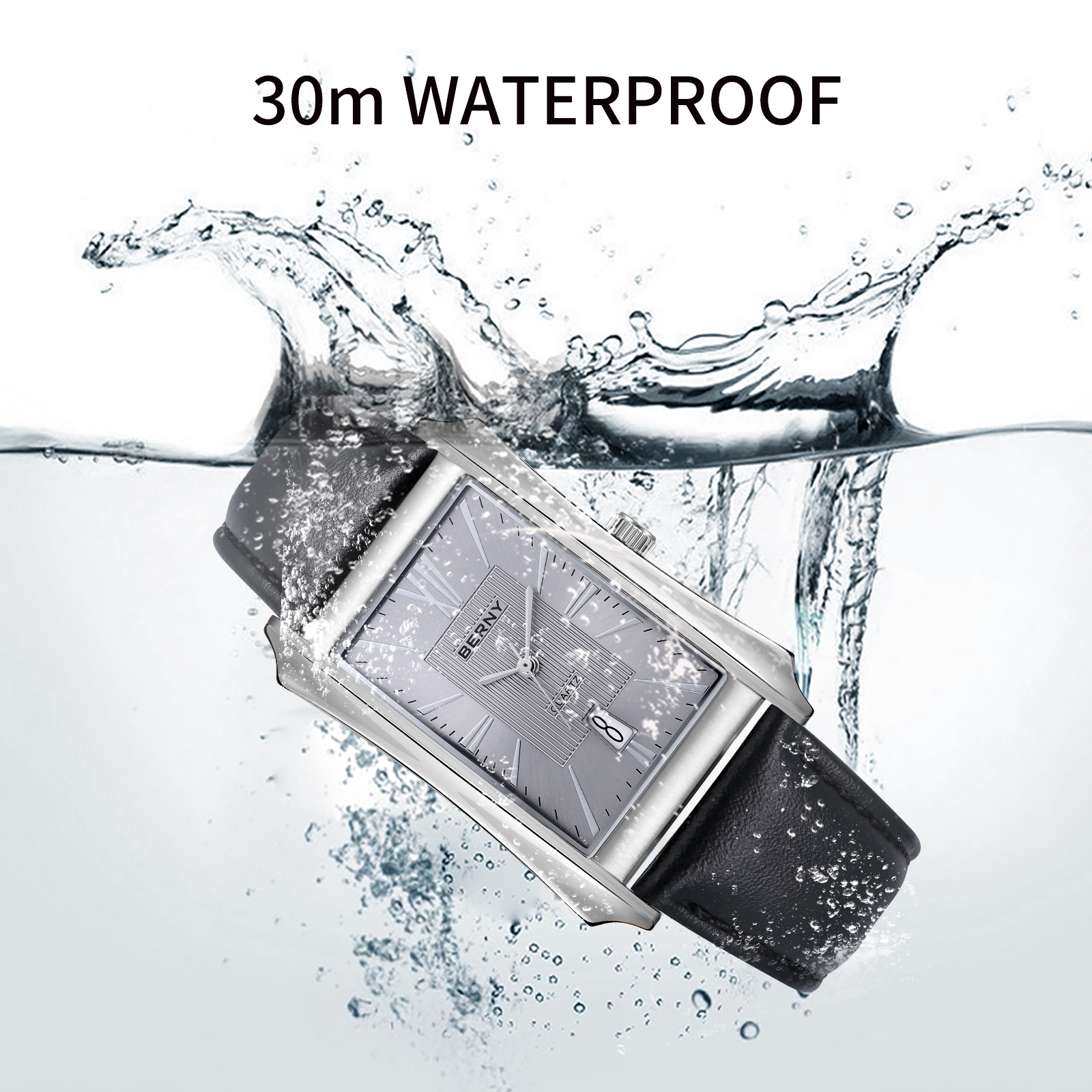 BERNY Men's Leather Watch, Vintage Stainless Steel Rectangular Case Roman Dial Dress Analog Watch with Date Calendar, Waterproof, Classic Business Quartz Wrist Watches for Men (Gray)