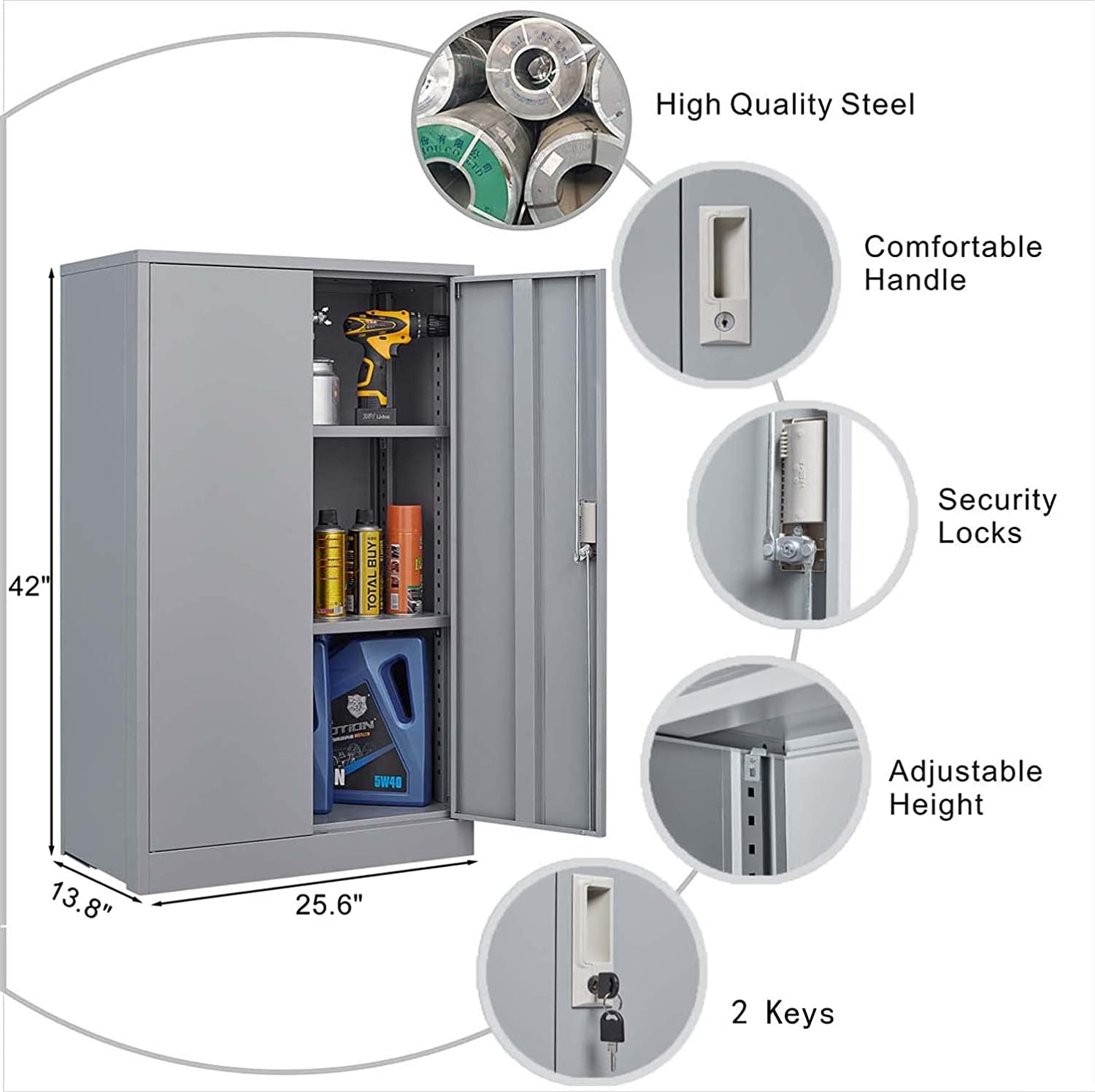 Gewnee Metal Storage Cabinet, 42 inch Folding Garage Cabinets with Adjustable Shelves and Locking Doors,Gray