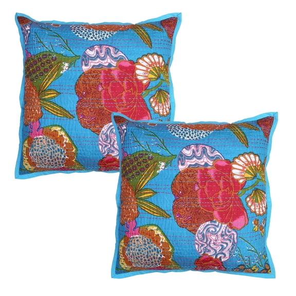 Stylo Culture Ethnic Chair Seat Throw Pillow Covers 18x18 Kantha Printed Turquoise Hand Stitched 45 x 45 cm Home Decor Cotton Tropicana Square Cushion Covers | Set Of 2