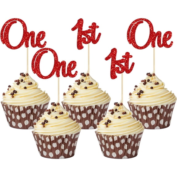 12pcs 1st Birthday Cupcake Toppers Glitter First Birthday One Cupcake Picks for Baby Shower 1st Birthday Party Cake Decorations Supplies Red