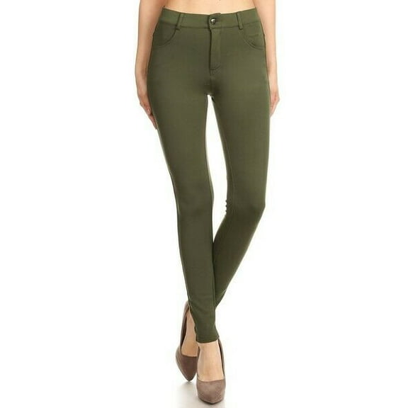 Yelete Lady's Mid Rise Ponte Knit Skinny Pants in Olive - Women's Size Medium