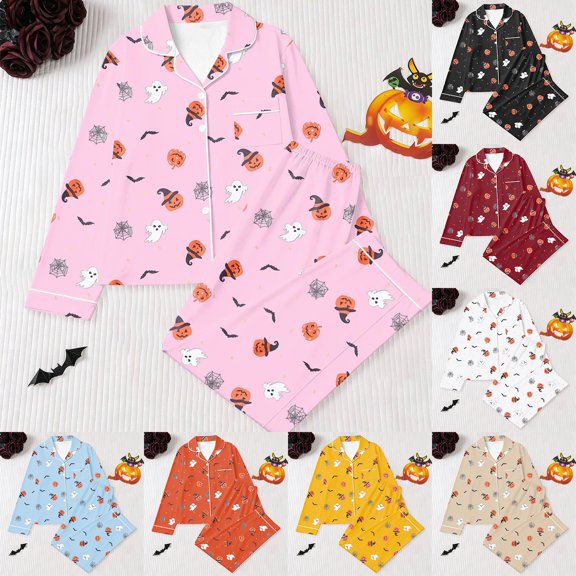 Tisuna Halloween Pajamas Set For Kids Girls Adorable Pumpkin Ghost Print Long Sleeve Tops And Pants Sleepwear Toddler And Children Theme Party Homewear Set Size 3-4 Years Black