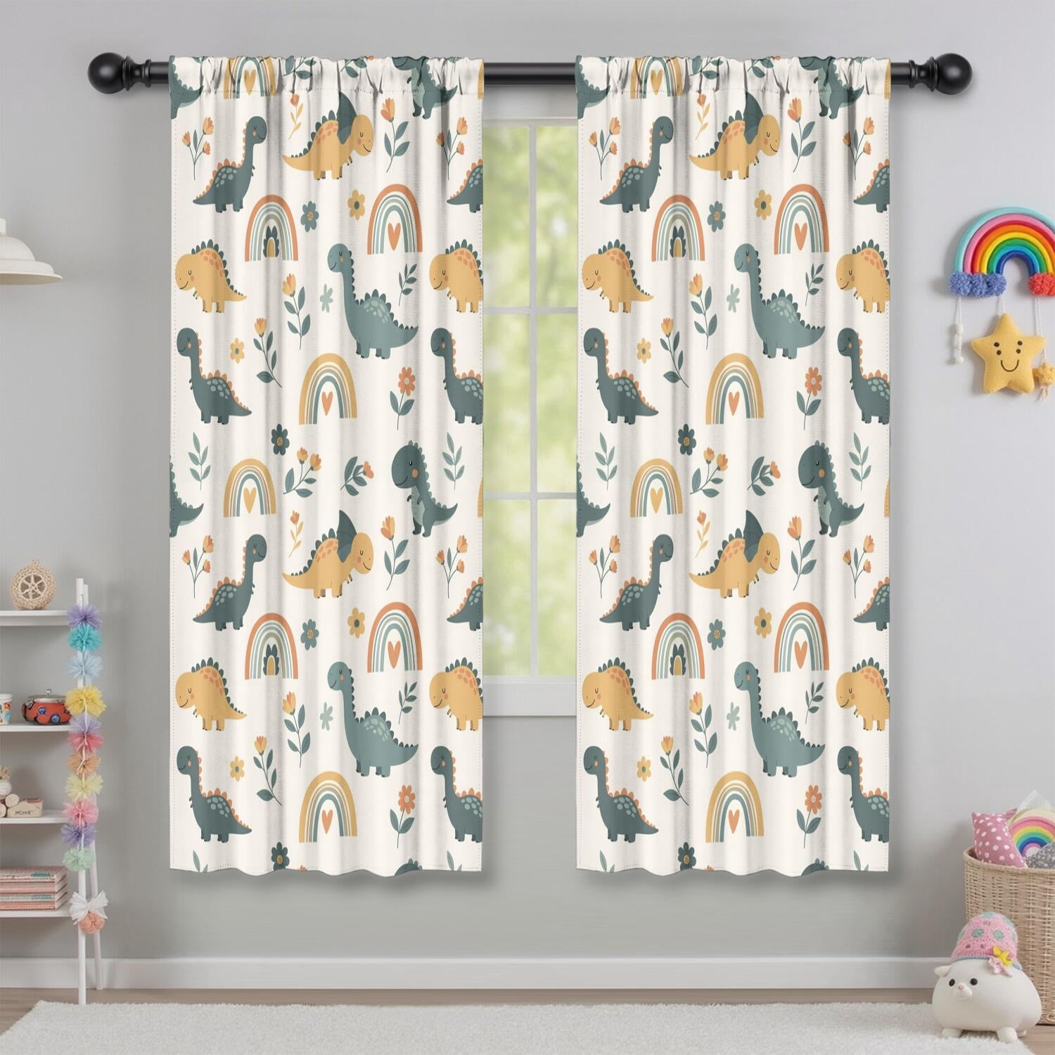 Blackout Kids Curtains,Beige Dinosaurs Rainbows Flowers Pattern Childrens Insulated Curtains Set Of 2,Bedroom Essentials,Toddler Room Decor 42"x63"