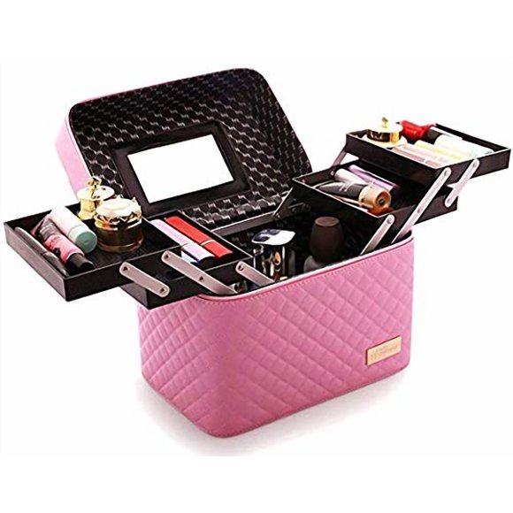 M-Aimee Trousse de Maquillage de Voyage Multifonction avec Miroir Train Portable 4 Plateaux de Maquillage Pliables pour Cosmétiques Pinceaux de Maquillage Bijoux Accessoires Numériques (Rose)