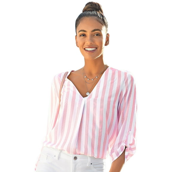 LASCANA Women's Striped Tab Sleeve Blouse Shirt Buttons