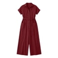 thumbnail image 7 of Bloomae Womens Button Down V Neck Jumpsuits Summer Casual Short Sleeve Loose Fit Wide Leg Overalls Dressy One Piece Belted Rompers with Pockets, 7 of 7