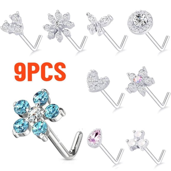 9pcs Titanium Nose Ring Studs L Shaped 20G Titanium Nose Rings For Women Men Cz Star Heart Nose Piercing Studs Pure Titanium Nostril Piercing For Sensitive Skin