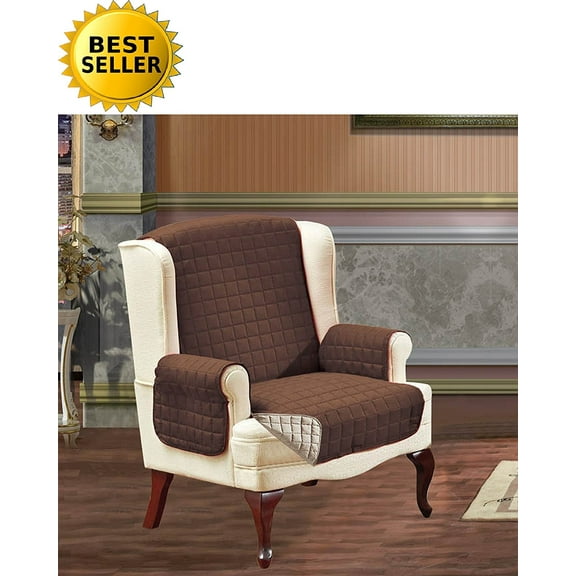 elegant comfort reversible furniture protector luxury slipcover/furniture protector great for pets & children with straps to prevent slipping off, wing chair, chocolate/cream