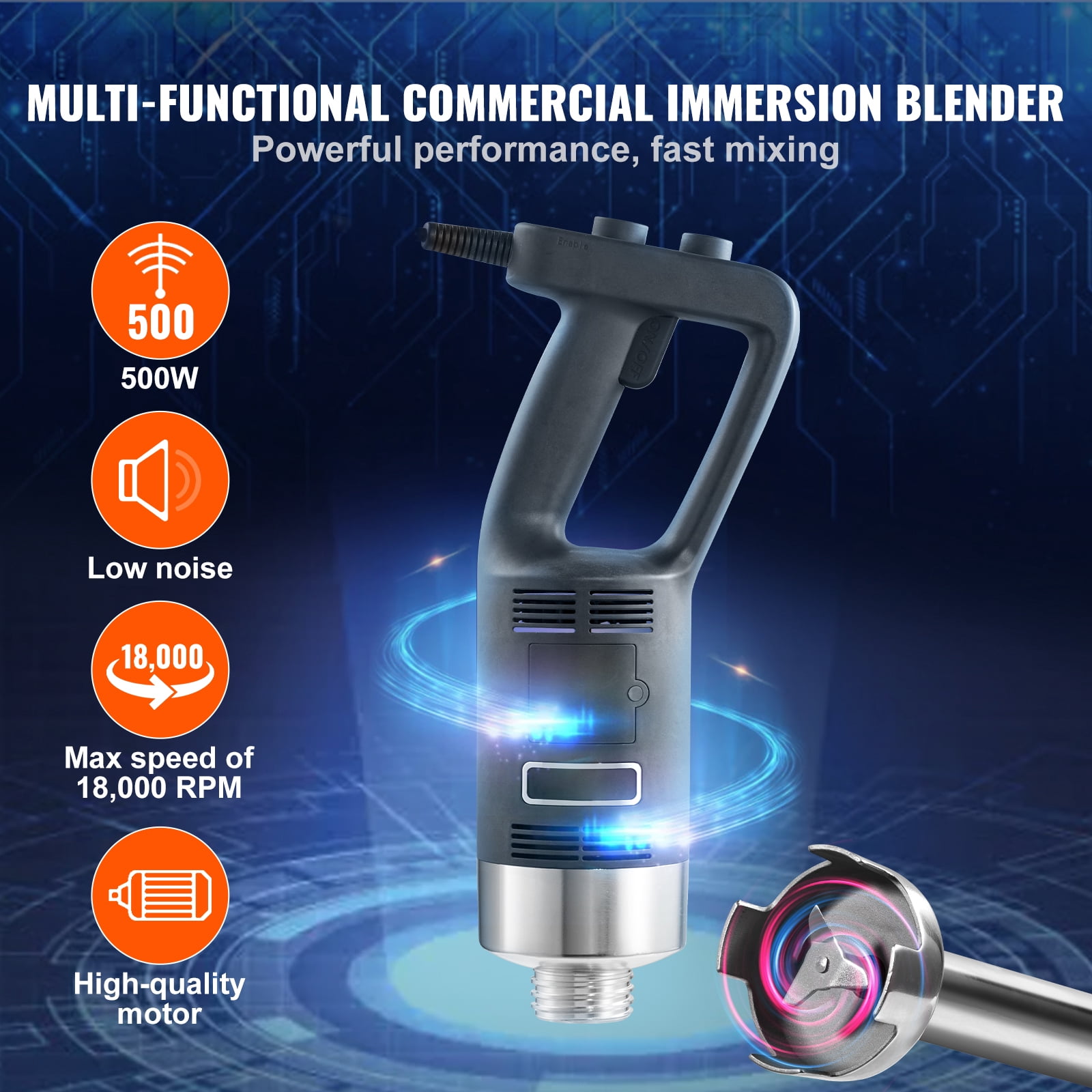 VEVOR Commercial Immersion Blender 500W Power, Hand Held Mixer with 19.7 inch 304 Stainless Steel Removable Shaft, Electric Stick Blender Variable Speed 4000-16000RPM