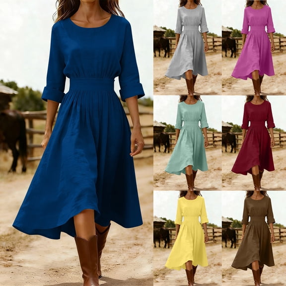 Women's Cotton Linen Blend Midi Dress Round Neck 3/4 Sleeve Solid Color Casual A-Line Dress with Back Zipper for Spring Summer Blue XL(XL)