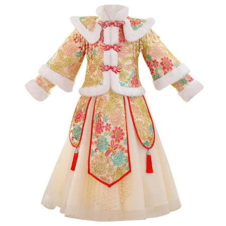

JIEU Fashionable Toddler Girls Chunjie Coat Tops for Chinese Calendar New Year Quilted Lined Soft and breathable Warm Dresses Skirts Embroidery Tang Suit Performance Outdoor Clothes