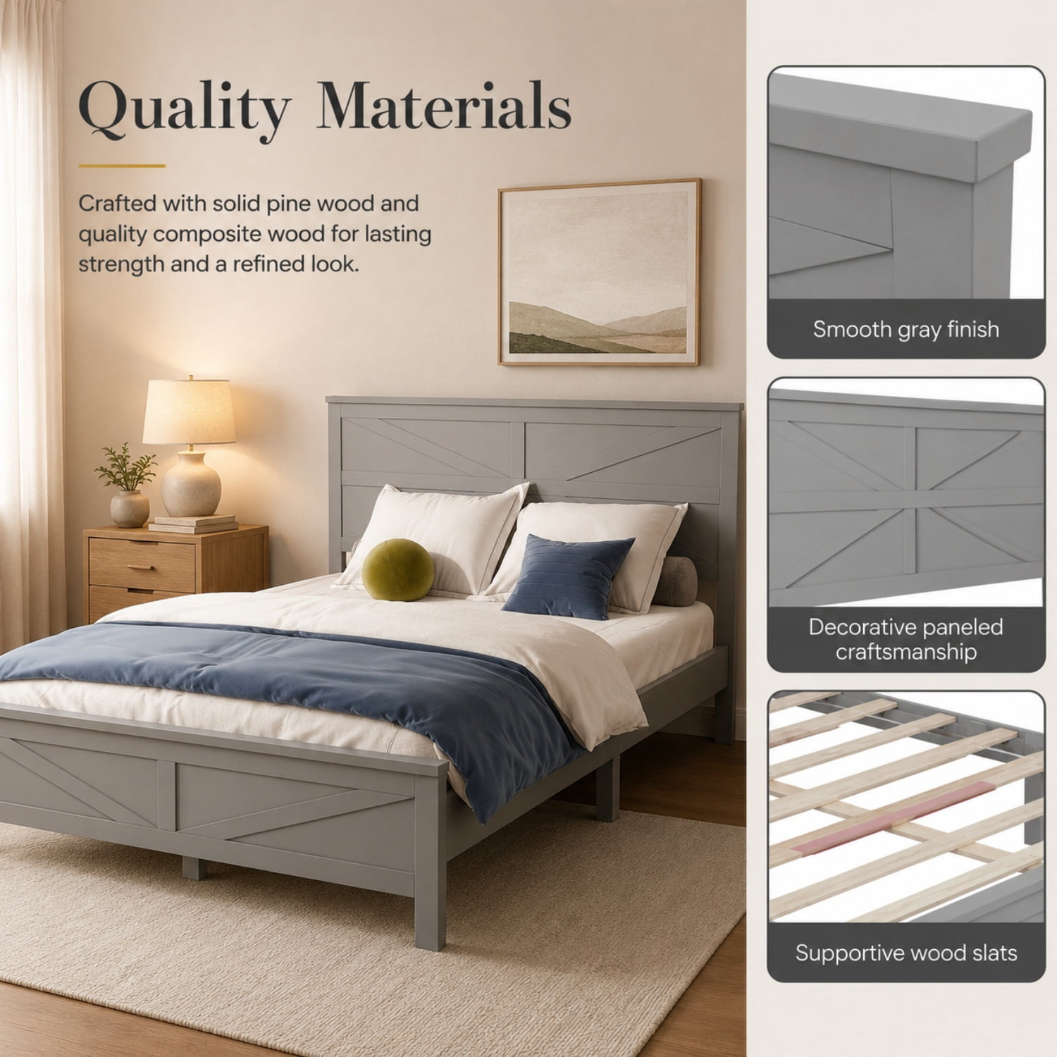 Miniyam Queen Bed with Barn Door Headboard and Footboard, Farmhouse Wood Platform Bed Frame, Gray