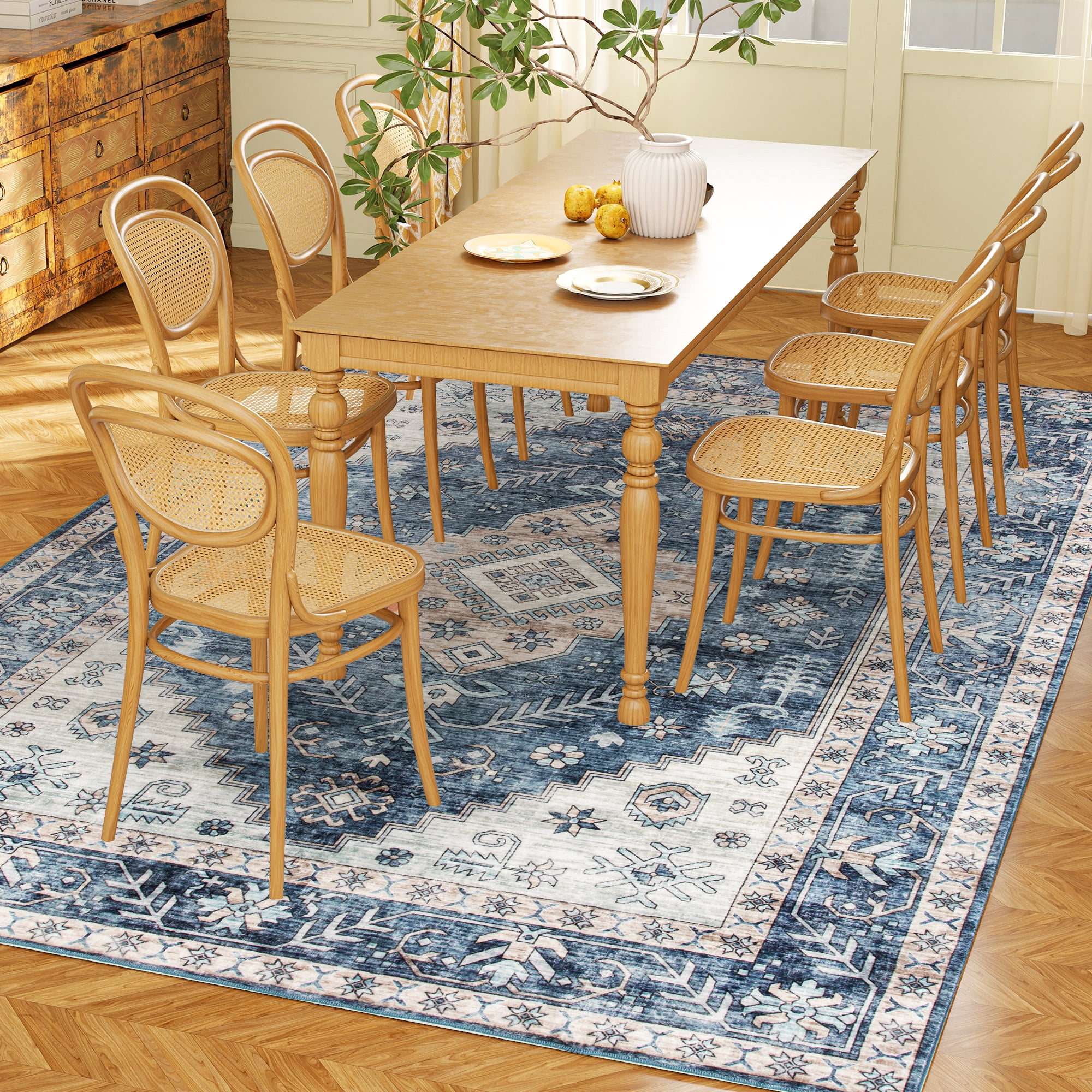 5' x 7' Area Rug, Distressed Vintage Rug with Intricately Stitched Edges & Anti-Slip TPR Backing, Pet-Friendly Soft Floor Carpet for High Traffic Living Room & Hallway