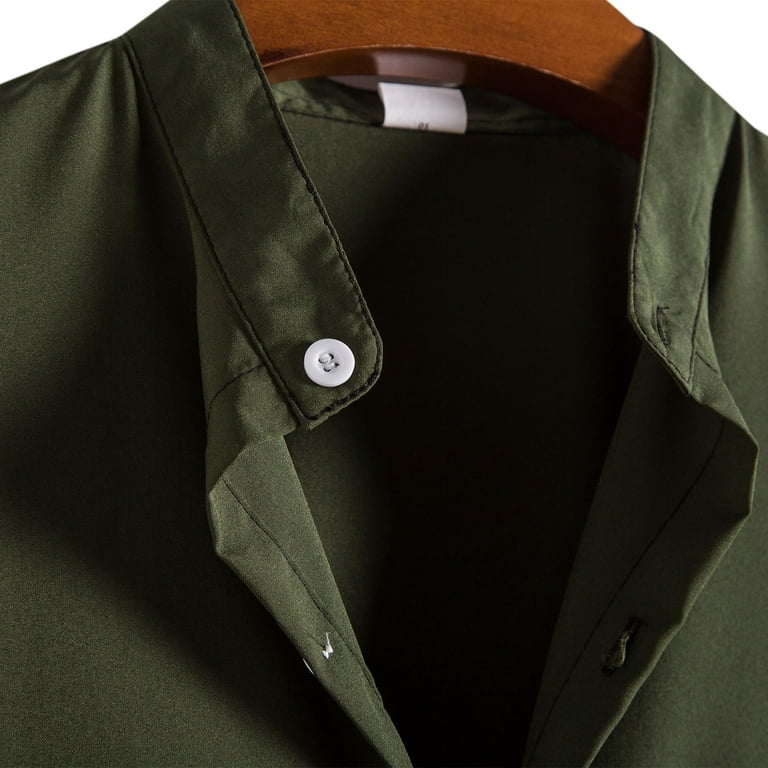 Green Tops for Men Men's Solid Color Casual Short-sleeved Stand-up Collar  Shirt Teacher Shirts,Army Green,3XL