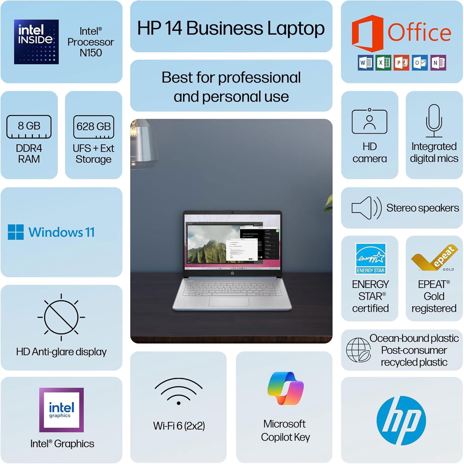 HP Ultrabook 14 Laptop Business Study & Home, Intel CPU, 4GB RAM & 128GB Storage, Windows 11 Home, Blue